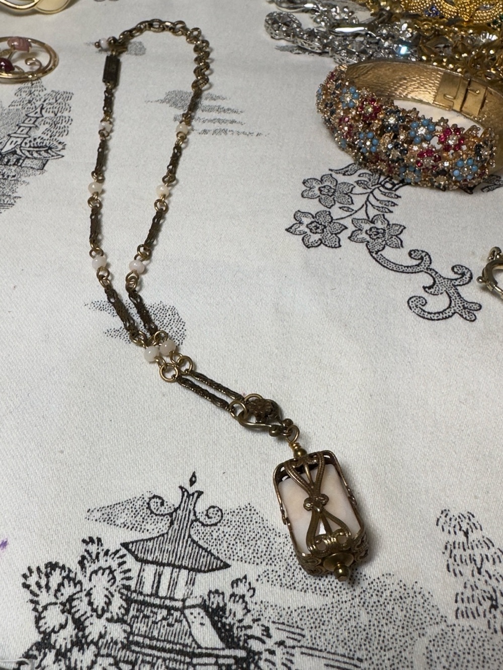 Jan Michaels Antique Brass Necklace with gemstone Pendant